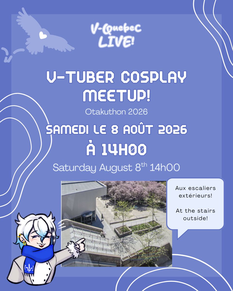 VQuebecLIVE's tweet photo. We are excited to announce that we will be hosting a cosplay meetup themed around V-tubers at Otakuthon! Cosplayers, photographers, and V-tuber fans, join us for group photos, meet others like you, and share your love for V-tubing!

Spread the word! See you on August 8, 2PM! https://t.co/p47AyXTMF0