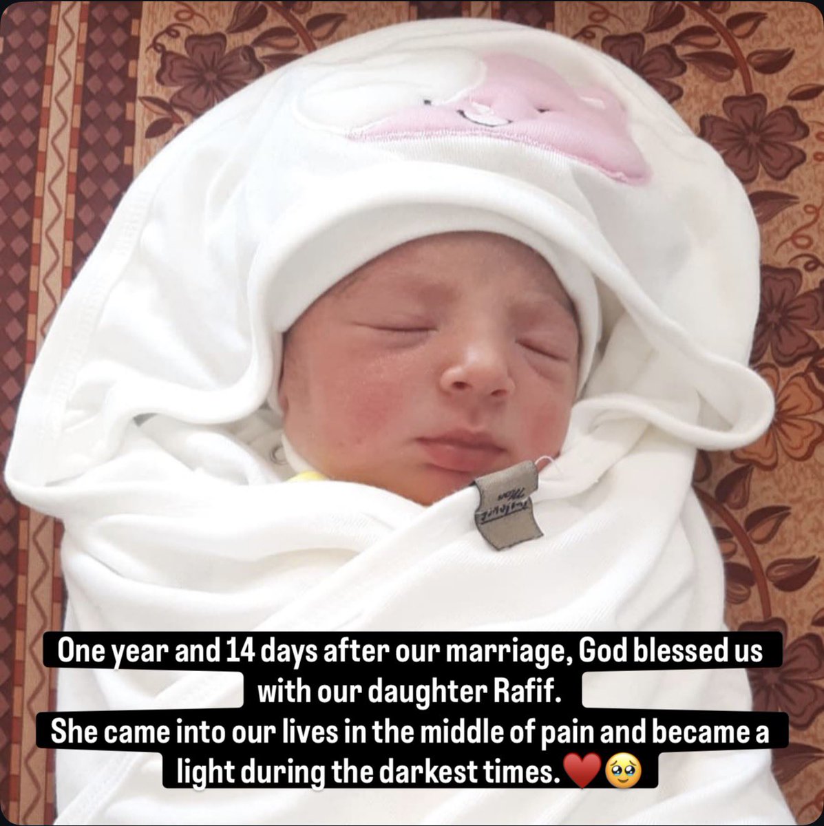 Mo7ammed_jawad6's tweet photo. On this day, 3 years ago, I got married… 13/7/2023.
Those were some of the most beautiful days of our lives. We were living in our home, I had a stable life, I went to work every day, and I had a small café where I worked. I was able to carry the responsibility of my home and my wife. I could provide what she needed and build a simple life filled with hope.
But only 85 days after our wedding, this brutal war began… and we lost everything. We lost our home, our work, and the life we had built with so much effort. The war stole from us every feeling of safety and stability.
We went through the hardest days of displacement, fear, and constant bombing. Days that no one should ever have to endure. But my wife and I stayed together, sharing everything and supporting each other through the most difficult circumstances.
One year and 14 days after our marriage, God blessed us with our daughter Rafif. She came into our lives in the middle of pain and became a light during the darkest times.
We faced incredibly difficult days. There were times when I was unable to provide even the basic things that every child needs. Many of you have known Rafif since she was only three months old. You watched her grow in front of your eyes and became part of her story.
Many people supported Rafif and her family from the beginning, and many are still standing beside us until this moment. Rafif has found a place in the hearts of many people. She has become a part of your lives, just as you have become a part of ours.
My family and I are deeply grateful to everyone who has given us love, support, and kindness, and to everyone who has stood with us during the hardest days of our lives.
And to my wife, my love, and my life partner… I love you forever. You, our daughter Rafif, and our baby who is on the way are my whole world. I will do everything possible and fight through every hardship for you. I love you all more than words can express.
Rafif’s family wants to share this special memory with you… the memory of the day we began our dream, even though the war tried to take everything away from us. ❤️