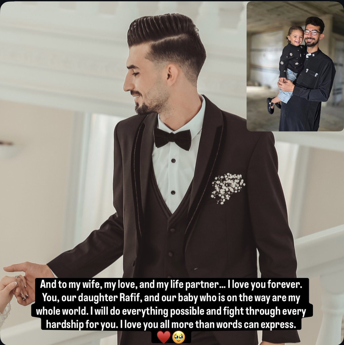 Mo7ammed_jawad6's tweet photo. On this day, 3 years ago, I got married… 13/7/2023.
Those were some of the most beautiful days of our lives. We were living in our home, I had a stable life, I went to work every day, and I had a small café where I worked. I was able to carry the responsibility of my home and my wife. I could provide what she needed and build a simple life filled with hope.
But only 85 days after our wedding, this brutal war began… and we lost everything. We lost our home, our work, and the life we had built with so much effort. The war stole from us every feeling of safety and stability.
We went through the hardest days of displacement, fear, and constant bombing. Days that no one should ever have to endure. But my wife and I stayed together, sharing everything and supporting each other through the most difficult circumstances.
One year and 14 days after our marriage, God blessed us with our daughter Rafif. She came into our lives in the middle of pain and became a light during the darkest times.
We faced incredibly difficult days. There were times when I was unable to provide even the basic things that every child needs. Many of you have known Rafif since she was only three months old. You watched her grow in front of your eyes and became part of her story.
Many people supported Rafif and her family from the beginning, and many are still standing beside us until this moment. Rafif has found a place in the hearts of many people. She has become a part of your lives, just as you have become a part of ours.
My family and I are deeply grateful to everyone who has given us love, support, and kindness, and to everyone who has stood with us during the hardest days of our lives.
And to my wife, my love, and my life partner… I love you forever. You, our daughter Rafif, and our baby who is on the way are my whole world. I will do everything possible and fight through every hardship for you. I love you all more than words can express.
Rafif’s family wants to share this special memory with you… the memory of the day we began our dream, even though the war tried to take everything away from us. ❤️