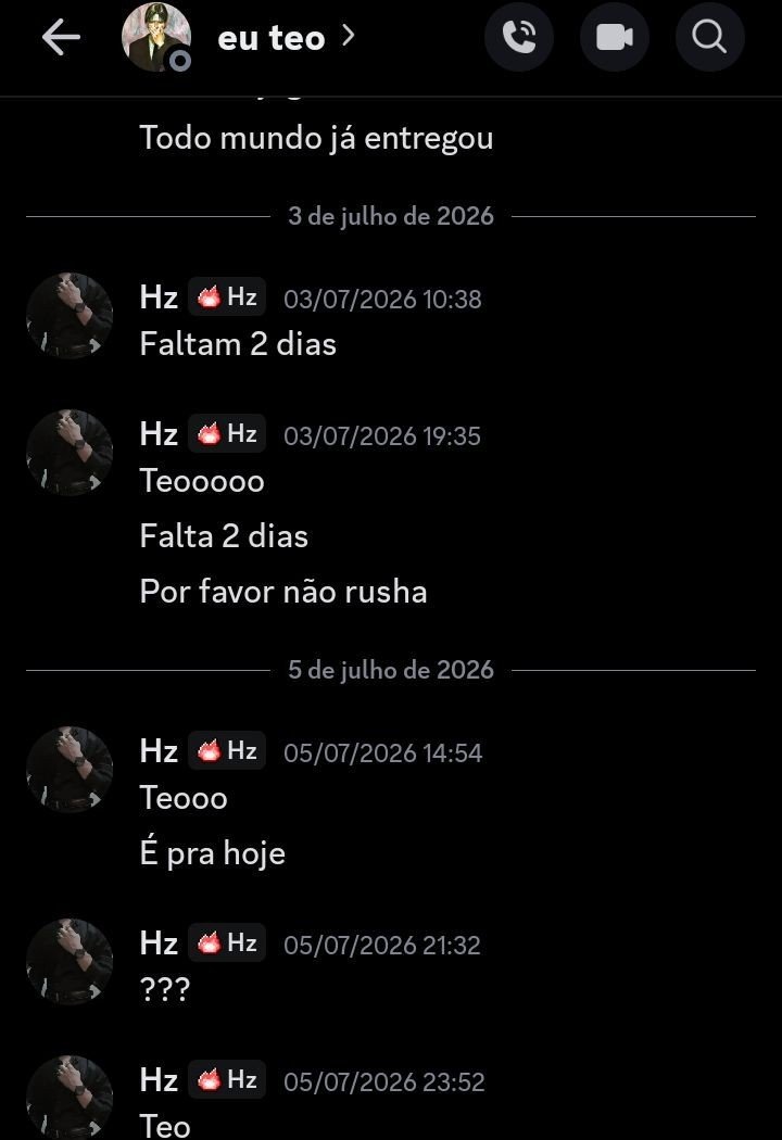 HzRaps's tweet photo. Não quero prejudicar o trabalho de ninguém, mas não é a primeira vez que isso acontece; entrego a demanda certinha, o cara confirma que vai fazer e dá ghosting. Isso atrasa demais o lado do outro, se não vai fazer, pelo menos avisa pra não deixar na mão. https://t.co/YCmKuUyPR6