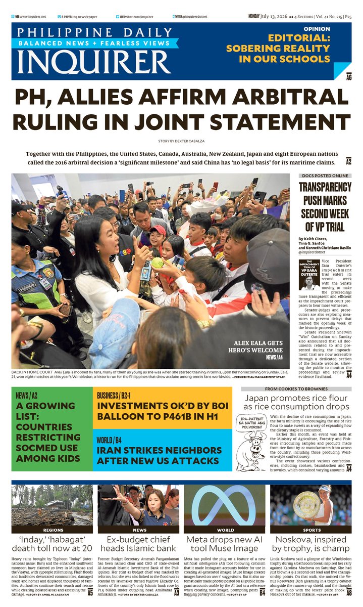 inquirerdotnet's tweet photo. Today's Inquirer front page (July 13, 2026). #INQFrontPage https://t.co/uHyUxJjhNQ