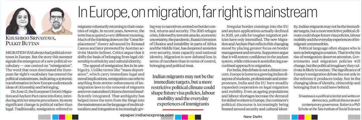 PulkitButtan's tweet photo. Happy to share that our co-authored article, “In Europe, on migration, far right is mainstream,” with @politologist_k (Khushboo Srivastava) has been published in today’s @IndianExpress . 

Happy reading and looking forward to your thoughts!
You can also read at: https://t.co/3lHMpu5yRV
