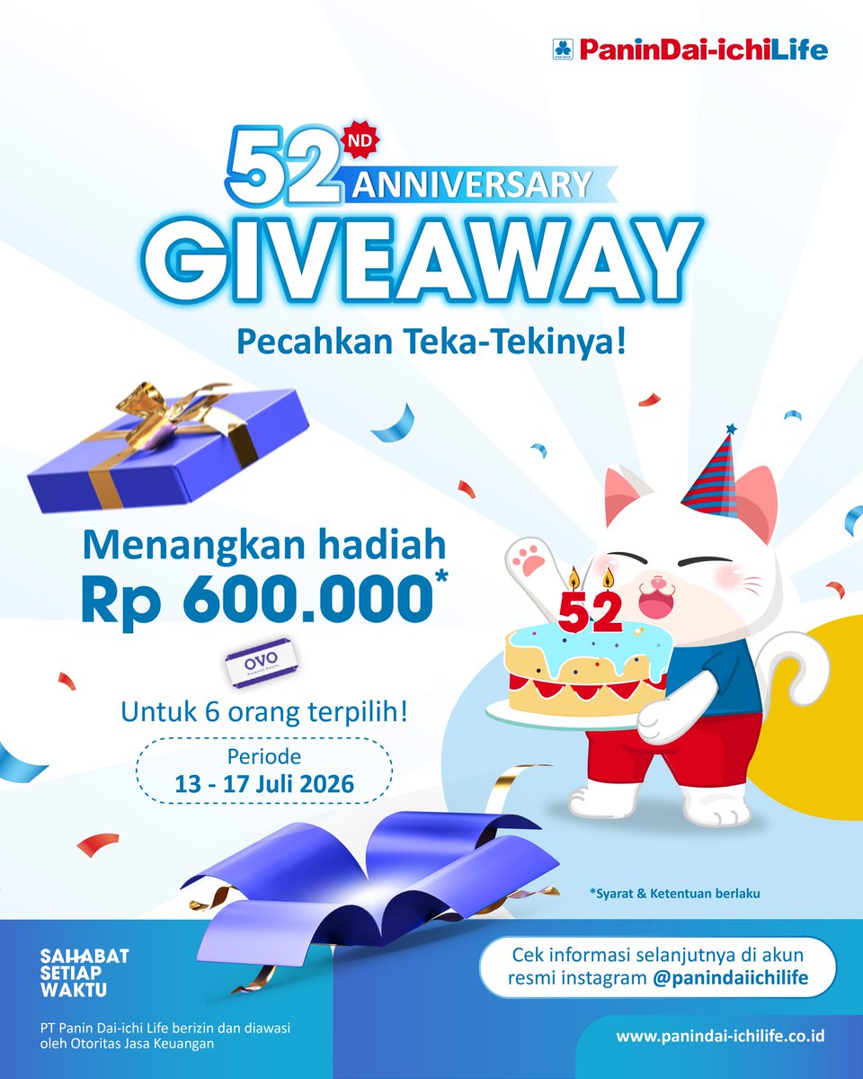 panindaiichi's tweet photo. Yuk ikutan Giveaway Spesial 52 tahun Anniversary Panin Dai-ichi Life dan menangkan saldo OVO

Kunjungi akun resmi instagram Panin Dai-ichi Life, share postingan ini dan jangan sampai ketinggalan ya!

#PaninDaiichiLife #SahabatSetiapWaktu
#PaninDaiichiLifeGiveaway https://t.co/eLqzOD5fbk