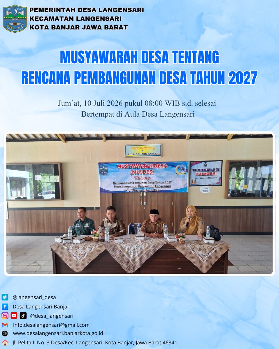 langensari_desa's tweet photo. Kegiatan Musyawarah Desa Tentang Rencana Pembangunan Desa Tahun 2027, pada jum'at, 10 Juli 2026, bertempat di Aula Desa Langensari. https://t.co/lRJTGVRxeV