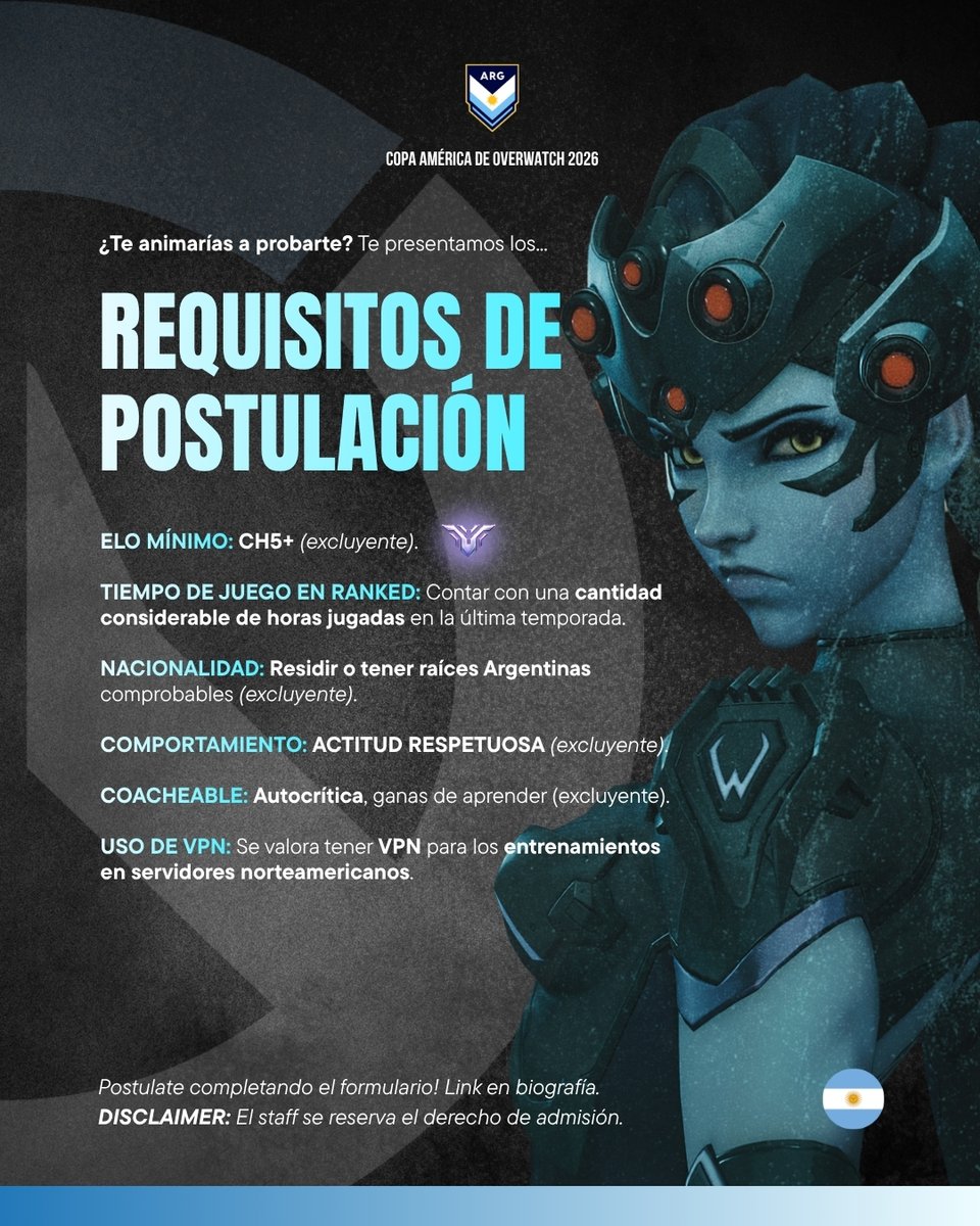CAOWTeamArg's tweet photo. La Copa América de Overwatch esta de vuelta junto a @CopaSenju 

La edición SA 2026 ya esta en marcha y comenzamos la búsqueda para los que representarán a la selección 🇦🇷

Delizá para conocer la información y los requisitos!

Link del Form: https://t.co/C0B8H0h9gH
Te esperamos🩵 https://t.co/uJNPqsIwAq