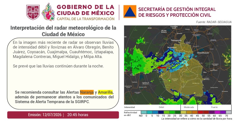 SGIRPC_CDMX's tweet photo. Se observan #lluvias de intensidad débil y #lloviznas en: @AlcaldiaAO, @BJAlcaldia, @Alcaldia_Coy, @cuajimalpa_gob, @AlcCuauhtemocMx, @Alc_Iztapalapa, @ALaMagdalenaC, @AlcaldiaMHmx y @GobMilpaAlta.

Se prevé que las lluvias continúen durante la noche.

Mantente informado. #PronósticoDelTiempo #LaPrevenciónEsNuestraFuerza