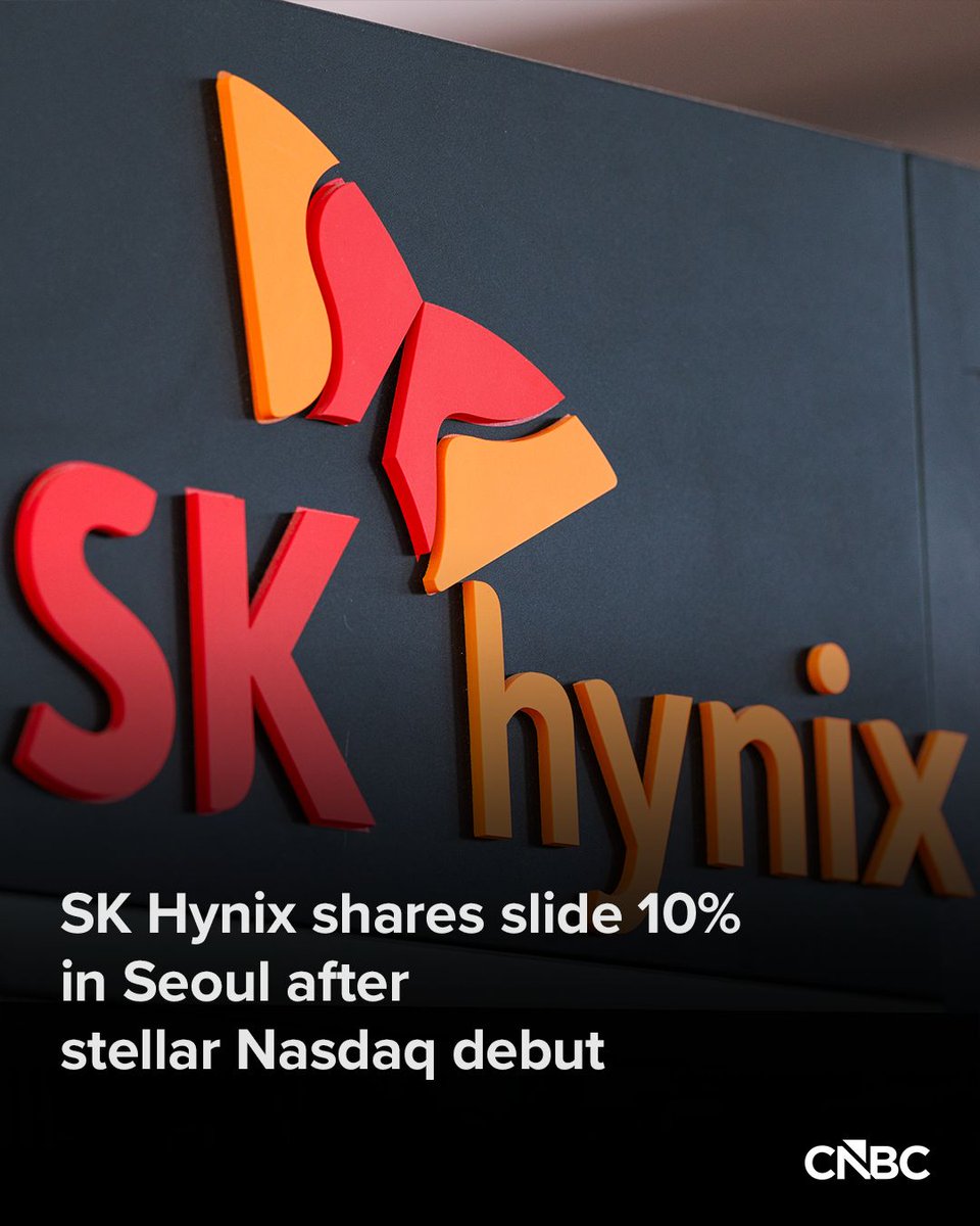 CNBC's tweet photo. SK Hynix shares tumbled more than 10% in Seoul on Monday after the chipmaker’s strong Nasdaq debut, as investors locked in profits and weighed whether surging demand for artificial intelligence memory chips justified the stock’s sharp gains.

The South Korean memory-chip maker had jumped 13% in its Wall Street debut on Friday, reflecting strong appetite from U.S. investors for AI-linked semiconductor stocks.

Click here to read more: https://t.co/M8FtoKbsq1