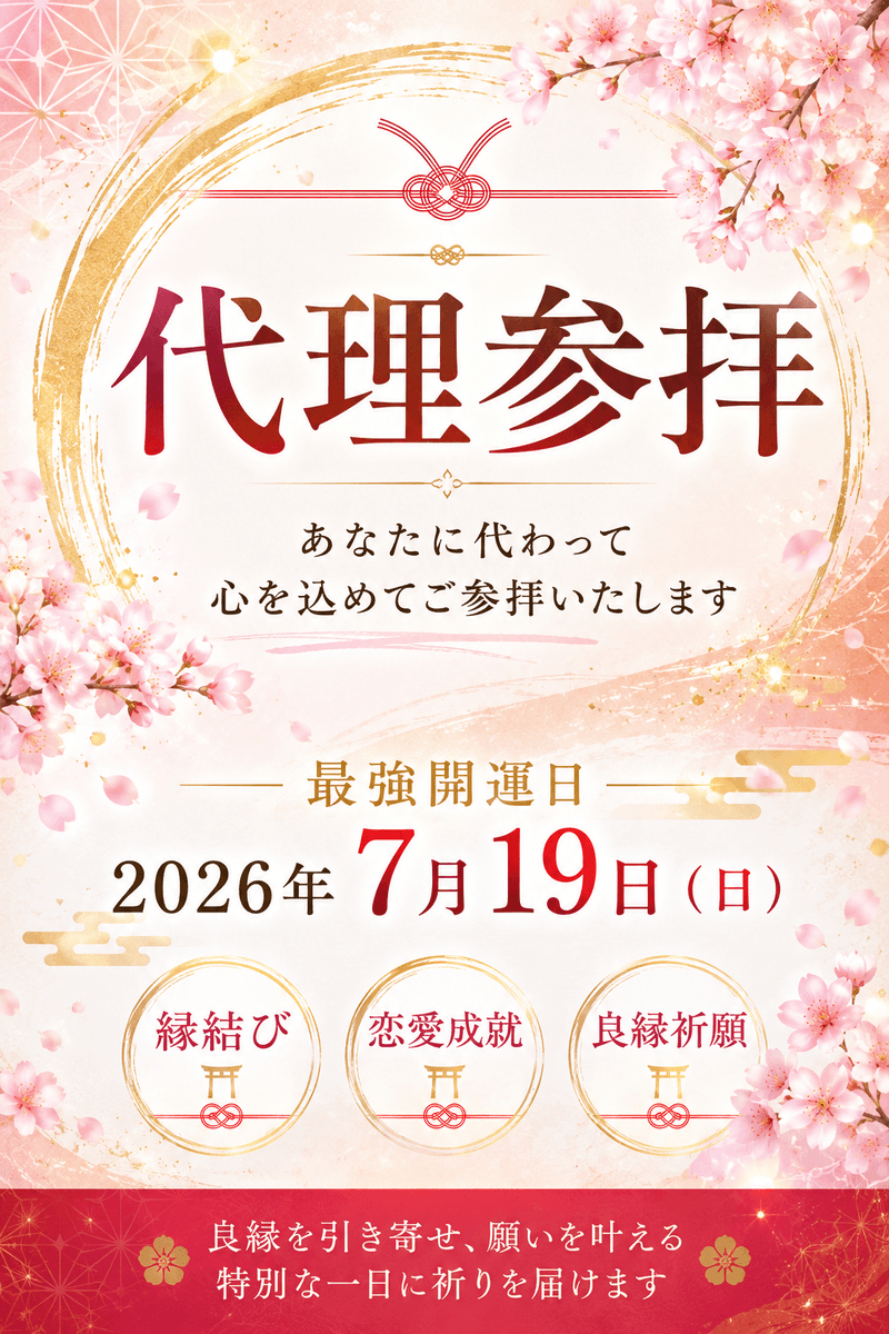 mayumin_sns's tweet photo. 《最強開運日の代理参拝》

7月19日、あなたの恋の願いを、
まゆみが天にお伝えします。
どなたでも、無料でご参加いただけます。

この日は、たいへん縁起の良い日が三つ、
重なります。

【天赦日（てんしゃにち）】
天がすべてを赦すとされる、暦で最上の吉日。
【一粒万倍日（いちりゅうまんばいび）】
小さな願いが、万倍に育つとされる日。
【大安（たいあん）】
六曜でもっとも、万事に吉とされる日。

一年でも数えるほどしかない、この特別な日に、
まゆみがあなたに代わってお社へ参り、
お名前とお願いを胸に、手を合わせてまいります。

連絡が来ない。片想いのまま、時だけが過ぎていく。
そうしたご縁の願いを、どうぞまゆみにお託しくださいね。

▼ ご参加の仕方
① この投稿に いいね＆リポスト
② プロフィール固定の公式LINEに「代理参拝」と送る
※締切は7月18日20時まで

暑さ厳しき折、お参りに行きにくい方も、どうぞご参加ください🌸