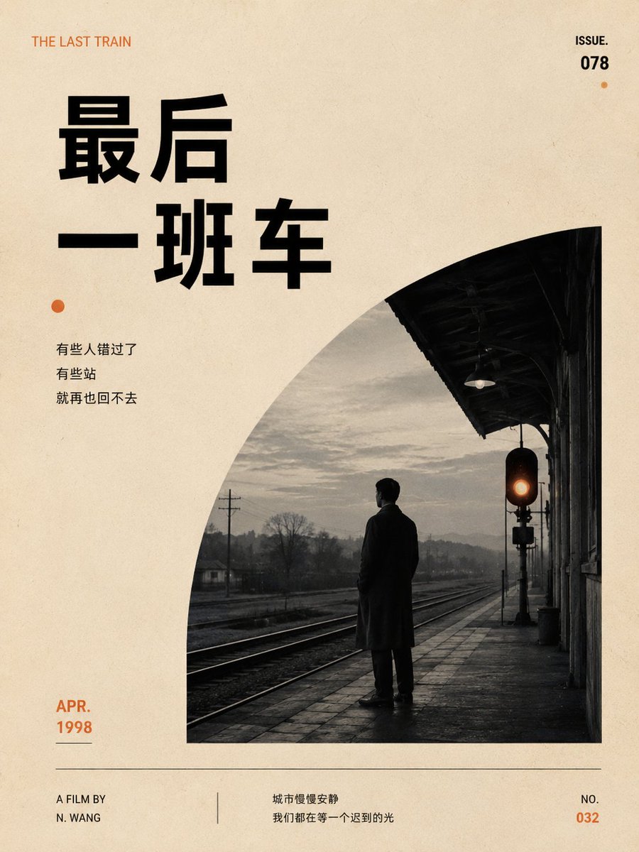 derek_wall90176's tweet photo. 真正高级的怀旧电影海报，往往不是加出来的，而是删出来的。
删掉多余颜色，删掉复杂场景，删掉解释性元素，最后只剩下一小块黑白画面 + 一处暖橙色隐喻 + 大量留白。
这种画面最迷人的地方在于：它不像广告，更像一张你会想收藏下来的独立电影海报，或是从旧杂志里撕下来的编辑封面。

🎯 核心提示词（直接复制可用）
主题：【填写主题】 主标题：【填写标题】 副标题：【填写副标题，可留空】 场景：【填写具体场景】 暖色符号：【填写一个橙色/橘红色隐喻元素】 比例：3:4
生成一张极简怀旧电影感编辑海报。
整体风格偏向独立电影海报、旧杂志封面、复古印刷海报、极简编辑设计、怀旧电影感。
画面要求： 使用温暖的米白色旧纸背景，带轻微胶片颗粒与复古印刷纹理，整体干净克制。
版式采用不对称构图，保留大面积留白，画面气质安静、克制、疏离、富有情绪。
主视觉为一张偏小的黑白摄影场景，场景中只出现一个孤独人物或一个具有情绪感的小主体。
在黑白场景中加入一个低饱和暖色象征元素（橙色落日、旧路灯、车站信号灯、窗边灯光、琥珀色电话亭灯、橘色围巾、锈橙色车票印章、暖橙色门缝光等）。
排版要求： 主标题使用粗黑无衬线字体，带旧杂志/旧电影刊物/复古编辑设计感。标题清晰、有力量，但不要压满画面。
可加入少量辅助信息：期号、年份、细线、小圆点、色条。
整体配色限制为：米白、黑色、灰色、一处暖橙色强调。
禁止颜色过多、高饱和炫光、商业广告感、复杂人物动作、凌乱小字、模板化AI海报、廉价赛博风、过度排版。
最终效果：像一张怀旧、克制、安静、带一点孤独感的独立电影海报，同时具有杂志封面般的编辑秩序与收藏感。

💡 核心逻辑
这个风格真正起作用的，通常只有四件事：
留白：不是空，而是让情绪停下来的地方。
黑白场景：自动剥离杂讯，让画面更像“记忆”。
一处暖色：橙色比红色更温柔、更像旧电影里的光（路灯、日落、旧灯泡、车站信号、老胶片偏色）。
旧印刷感：不是做脏，而是带一点老刊物、旧海报、旧胶片的时间颗粒感。
用最少的元素，建立最强的情绪联想。

📌 一句话总结
怀旧电影感极简海报的魅力，不在于做旧，而在于用一小块黑白记忆、一处暖橙色隐喻和大量留白，把情绪慢慢压进画面里。
想试试这个风格？生成后把效果图评论区发我，我帮你一起优化～