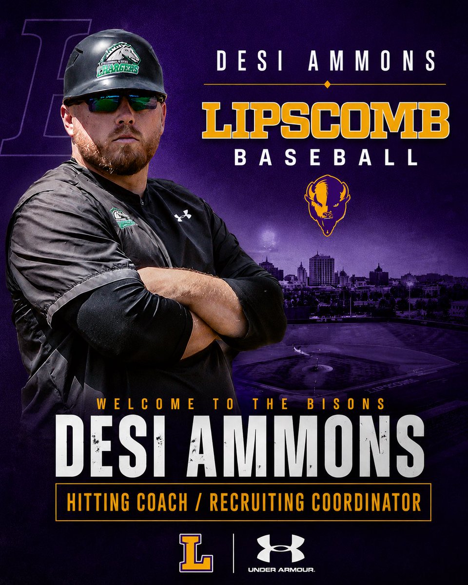 TennesseeJuco's tweet photo. OFFICIAL: Desi Ammons Joins Lipscomb Baseball

Lipscomb Baseball has announced the addition of Desi Ammons as the program’s new Hitting Coach and Recruiting Coordinator.

A proven winner and one of the top young coaches in junior college baseball, Ammons arrives after leading Columbia State to one of the nation’s premier offensive programs while earning TCCAA Coach of the Year honors. His reputation for developing hitters, building championship caliber cultures, and identifying elite talent has made him one of the most respected coaches in the region.

As Hitting Coach and Recruiting Coordinator, Ammons will play a major role in developing the Bison offense while leading the program’s recruiting efforts as Lipscomb continues to compete for ASUN championships and NCAA Regional appearances.

Welcome to the Herd, Coach Ammons. The future of Lipscomb Baseball just got even brighter. 🦬
@Desi_Ammons @Bison_Recruits @BisonBaseball @CHARGERS1451 @tnballplayers