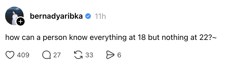 insidefolkative's tweet photo. Bernadya membagikan refleksi singkat yang sukses mencuri perhatian di media sosial. 

Lewat unggahannya, penyanyi tersebut menuliskan, "How can a person know everything at 18 but nothing at 22?" https://t.co/YsaMghWQze