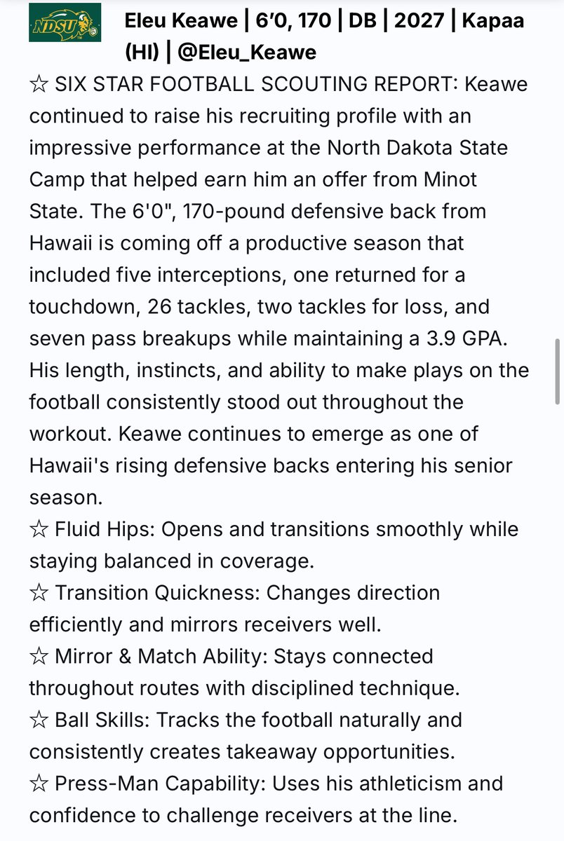 Eleu_Keawe's tweet photo. Great @NDSUfootball camp last month. Thank you @CoachDKlieman for the feedback and opportunity to compete at a high level! Appreciate @sixstarfootball for the writeup! https://t.co/0ncmtdMTAF