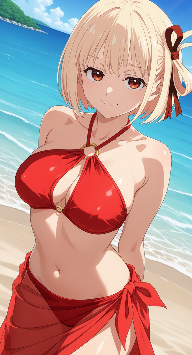 アニメキャラクター イラスト 赤い水着 錦木千束/リコリス・リコイル 夏の日差しより眩しい笑顔☀️✨ 赤い