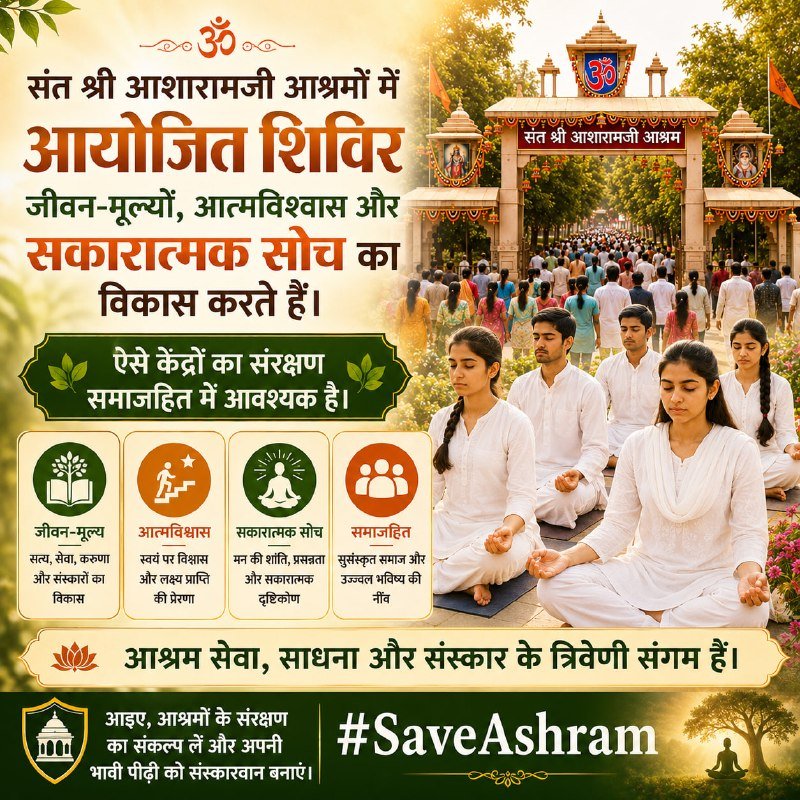 HDevasi48848's tweet photo. @AzaadBharatOrg संत श्री आशारामजी आश्रमो में आयोजित शिविर जीवन मूल्यों, आत्मविश्वास और सकारात्मक सोच का विकास करते है ऐसे केंद्रों का संरक्षण समाजहित में आवश्यक है 🛕🙏
Adhyatmik Shivir
#SaveAshram https://t.co/BSuGRj0Xmz