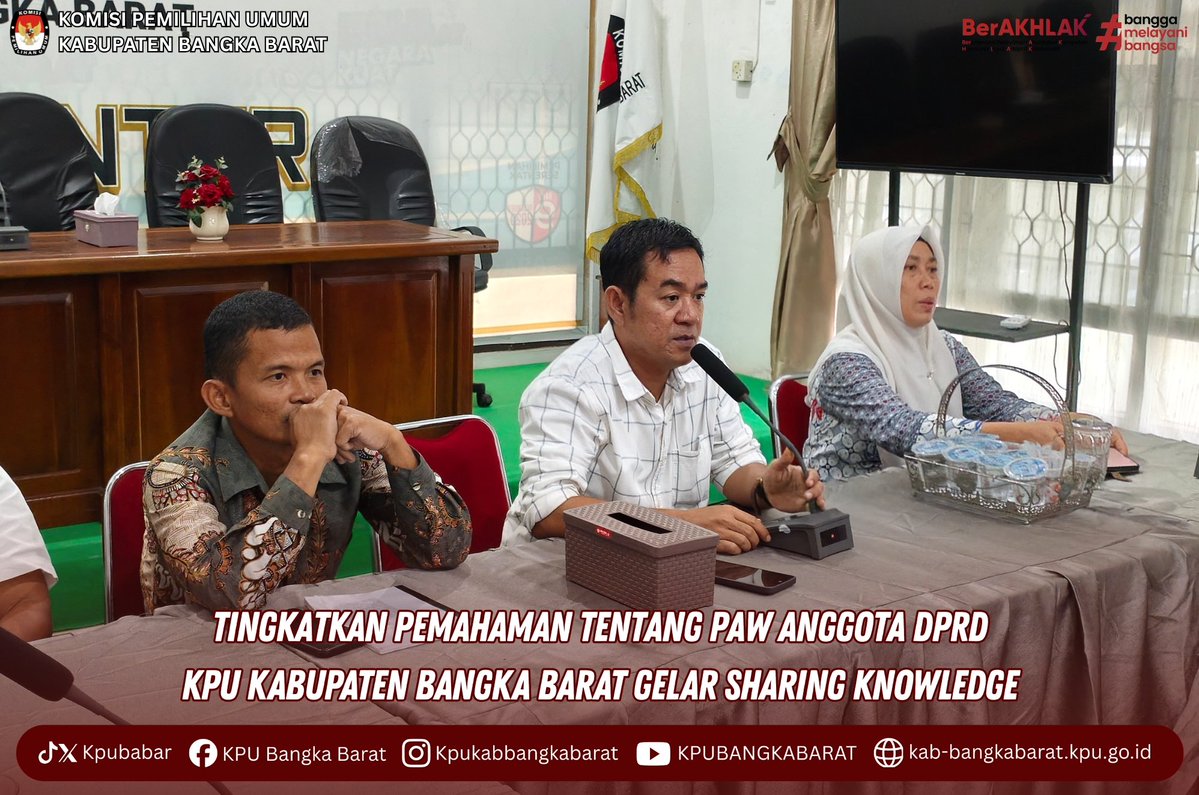 kpubabar's tweet photo. Mentok - Komisi Pemilihan Umum (KPU) Kabupaten Bangka Barat menggelar kegiatan Sharing Knowledge sebagai upaya meningkatkan pemahaman dan kapasitas jajaran sekretariat mengenai mekanisme Pergantian Antarwaktu (PAW) Anggota DPRD, Senin (13/07/2026). https://t.co/1KsYJrfdX4