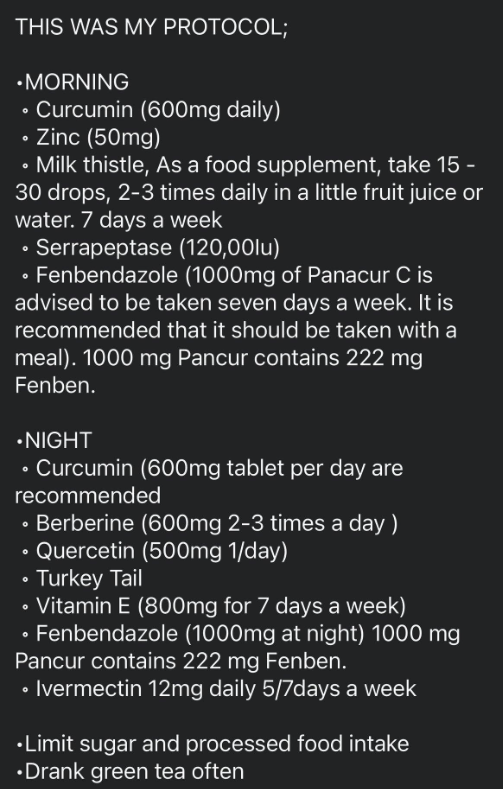 skymeds_store's tweet photo. “My Cancer Story! 
(Nurse Cindy) -
I was diagnosed with stage 4 pancreatic cancer in August 2023, and without treatment, I had 3-6 months to sort out my affairs. I began my fenbendazole Protocol  immediately. I nearly quit up since my quality of life had deteriorated dramatically. But I started to feel better. Less nausea. I had gained some weight back! Increased energy. My scan in November 2023 indicated that this severe cancer had neither grown or spread. My cancer marker dropped from over 100,000 to 35,000. As of January 2024, my new marker number was 18k!!! My oncologist was just scratching his head, and a family member said he seemed bewildered! And no, I did not inform him about the fenben.
I was terrified he'd drop me as a patient. I was quite appreciative for fenben and how it has helped me. I was feeling better and stronger. I had scans and bloodwork done in March, and my markers are now down to 6000. And the tumors were shrinking!!! Two weeks after my previous scan. I scanned again, and it returned NED.
THIS WAS MY PROTOCOL;
•MORNING 
 ◦ Curcumin (600mg daily)
 ◦ Zinc (50mg)
 ◦ Milk thistle, As a food supplement, take 15 - 30 drops, 2-3 times daily in a little fruit juice or water. 7 days a week
 ◦ Serrapeptase (120,00Iu)
 ◦ Fenbendazole (1000mg of Panacur C is advised to be taken seven days a week. It is recommended that it should be taken with a meal). 1000 mg Pancur contains 222 mg Fenben.
•NIGHT
 ◦ Curcumin (600mg tablet per day are recommended 
 ◦ Berberine (600mg 2-3 times a day )
 ◦ Quercetin (500mg 1/day)
 ◦ Turkey Tail
 ◦ Vitamin E (800mg for 7 days a week)
 ◦ Fenbendazole (1000mg at night) 1000 mg Pancur contains 222 mg Fenben.
 ◦ Ivermectin 12mg daily 5/7days a week
•Limit sugar and processed food intake 
•Drank green tea often”
