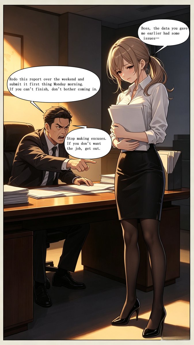 suwan_OL's tweet photo. 【Boss's Malicious PUA (1/2)】

On Friday afternoon, just before leaving work, the boss suddenly called straight-haired Suwan into the office.

“Redo this report over the weekend and submit it first thing Monday morning. If you can’t finish, don’t bother coming in.”

Suwan tried to explain softly: “Boss, the data you gave me earlier had some issues…”

The boss cut her off coldly: “Stop making excuses. If you don’t want the job, get out.”

Suwan left the office with her head down, clutching the documents tightly, her shoulders trembling slightly…

(To be continued )

#Manga #AIArt #WorkplaceStories #Empowerment