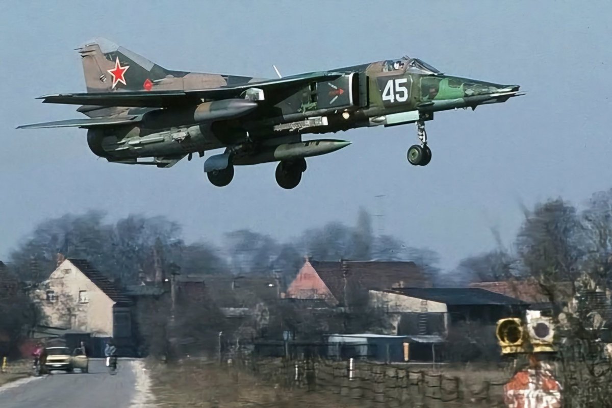 RealAirPower1's tweet photo. Oddity! The MiG-27 is one of those aircraft that had no direct NATO equivalent. To me, it sat somewhere between the LTV A-7 and the SEPECAT Jaguar in concept, albeit with variable geometry wings. Developed from the MiG-23 fighter, the MiG-27 was a thoroughbred low-level striker built for a brutally simple mission: race through the Fulda Gap at treetop height and hammer NATO armor, artillery, bridges, and airfields before the enemy had time to react. More than 850 were built, making it one of the Soviet Union's most important tactical striker of the later Cold War.