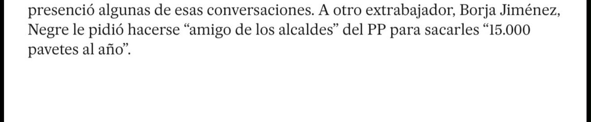 Juanegron's tweet photo. 🚨 ATENTOS | La investigación de EL PAÍS sostiene que un extrabajador de Javier Negre grabó durante dos meses conversaciones internas y publicó varios audios. 

Según el reportaje, en una de esas grabaciones Negre habría hablado de conseguir contratos de alcaldes del PP y llegó a decir: “Si no nos apoyan les montamos plataformas”, una frase que el periódico afirma que sonaba a extorsión.