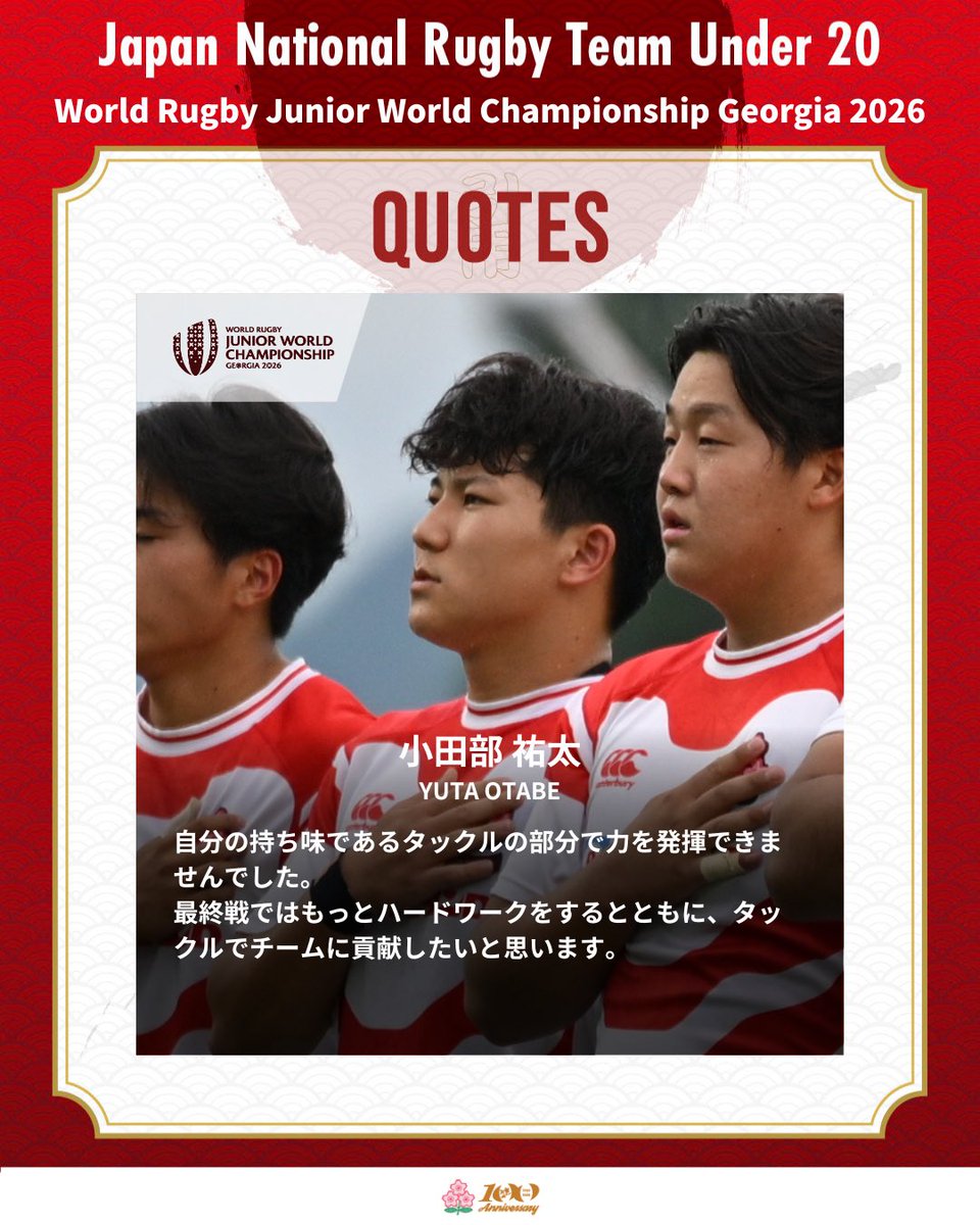 JRFUMedia's tweet photo. ジュニアワールドチャンピオンシップ（JWC）第4戦の13位決定戦・準決勝であるU20アメリカ代表戦を終えた、津村 晃志選手、小田部 祐太選手、片岡 湊志選手からコメントが届きました💬

次は13位決定戦・決勝　7月17日（金）20:30KO（日本時間 7月18日 1:30KO）
U20日本代表🆚U20スペイン代表です。

JWCの最終戦です。
引き続き応援よろしくお願いします✨

#U20日本代表
#JWC
#vsU20USA
