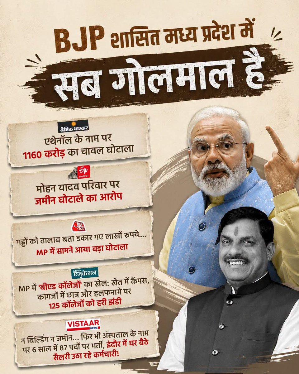 AAPAnuppur's tweet photo. सब गोलमाल है‼️

चावल से लेकर ज़मीन और शिक्षा से लेकर सेहत तक—मध्य प्रदेश में घोटालों की लंबी लिस्ट बता रही है कि ’मोदी जी खा भी रहे हैं, और खिला भी रहे हैं’

#BjpFailsMP #AAP #MohanYadav https://t.co/Ivj3ptsERo