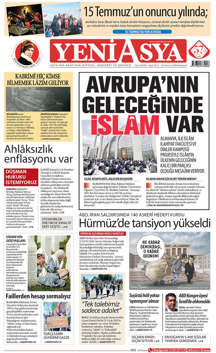 yeniasya's tweet photo. 13 Temmuz 2026 Yeni Asya 1. Sayfa https://t.co/m5MuGOog0n
https://t.co/tqk300U9Hl https://t.co/Ahc35QOtM4