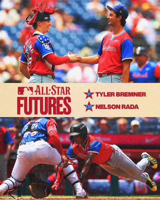 A graphic featuring Nelson Rada sliding into home and Tyler Bremner shaking hands after a win.