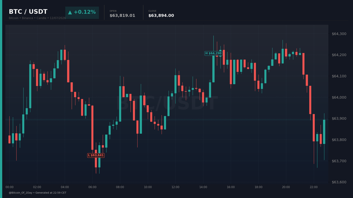 Bitcoin_Of_2Day's tweet photo. 📈 BTC/USDT — 12/07/2026
Open: $63,819.01 | Close: $63,894.00 | +0.12%
Performance of the day 📊

#Bitcoin #BTC #Crypto #Trading https://t.co/VDvbhg73tL