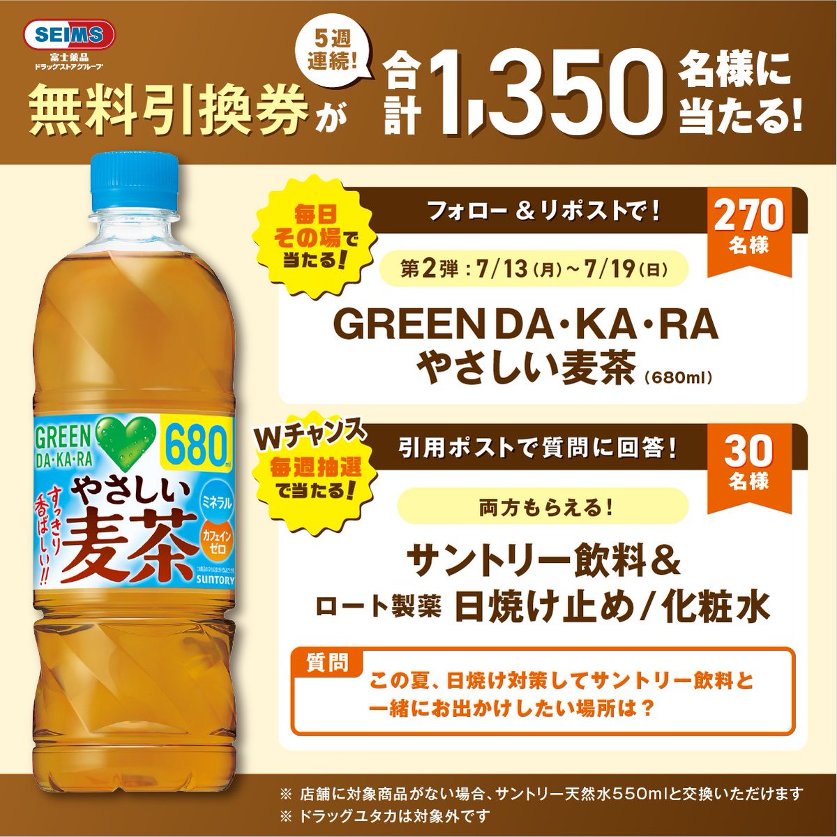seims_official's tweet photo. 5週連続、合計1,350名様に当たる☀️
サントリー×ロート製薬
熱中症&amp;日焼け対策して出かけよう!

今週は GREEN DA・KA・RA やさしい麦茶
無料引換券を270名様にプレゼント
【1日目】

①セイムス公式をフォロー
②この投稿をリポスト
③結果をすぐ確認▶https://t.co/hIJ6VbbtOh

Wチャンスもチェック! https://t.co/QAxijXLHgx