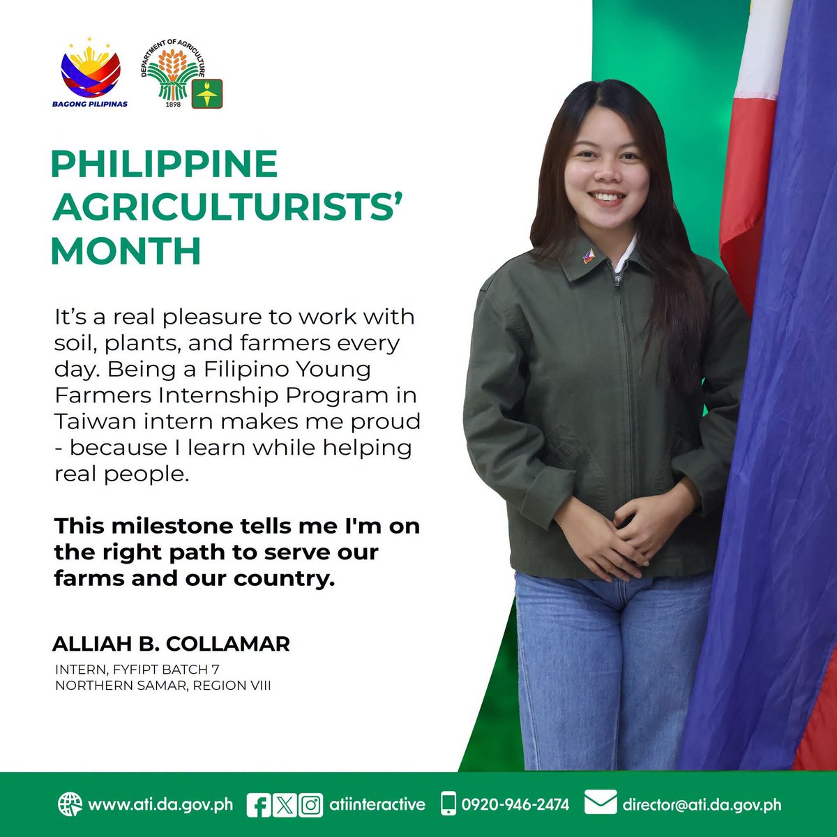 atiinteractive's tweet photo. For Alliah B. Collamar, becoming a Licensed Agriculturist is a dream come true. 

As an FYFIPT Batch 7 intern from Northern Samar, she finds real joy in working with soil, plants, and farmers every day - learning while making a difference in people's lives. https://t.co/J3V3Q9sx1e