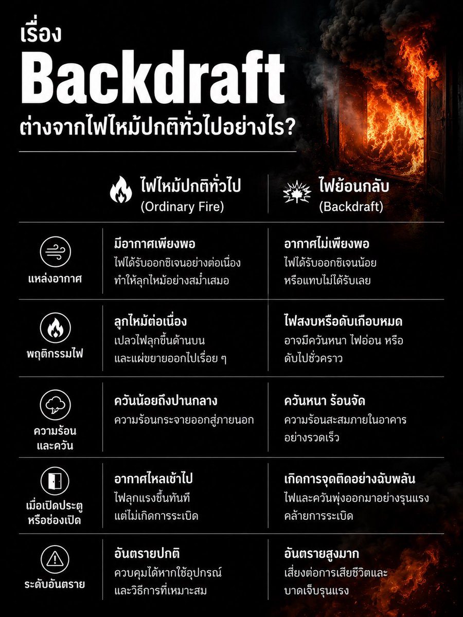 lamochathailand's tweet photo. ไฟที่ดูเหมือนกำลังดับ อาจยังไม่ปลอดภัยเสมอไป
การเข้าใจปรากฏการณ์ Backdraft อาจช่วยให้เราตัดสินใจได้ถูกต้องในสถานการณ์ฉุกเฉิน และเพิ่มโอกาสในการเอาตัวรอด #อัคคีภัย #ไฟไหม้ #backdarft #new #Firesafety https://t.co/XxQ5SAgaSn