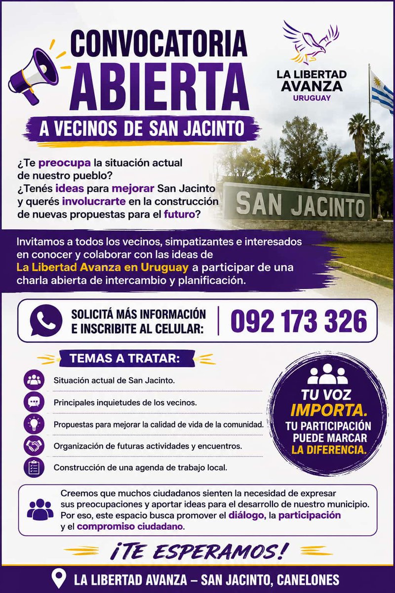 LibertadO_uy's tweet photo. Convocatoria en San Jacinto! Por consultas y más información al 092173326
VLLC!💜🇺🇾💪🏻 https://t.co/lQuWdbygQf
