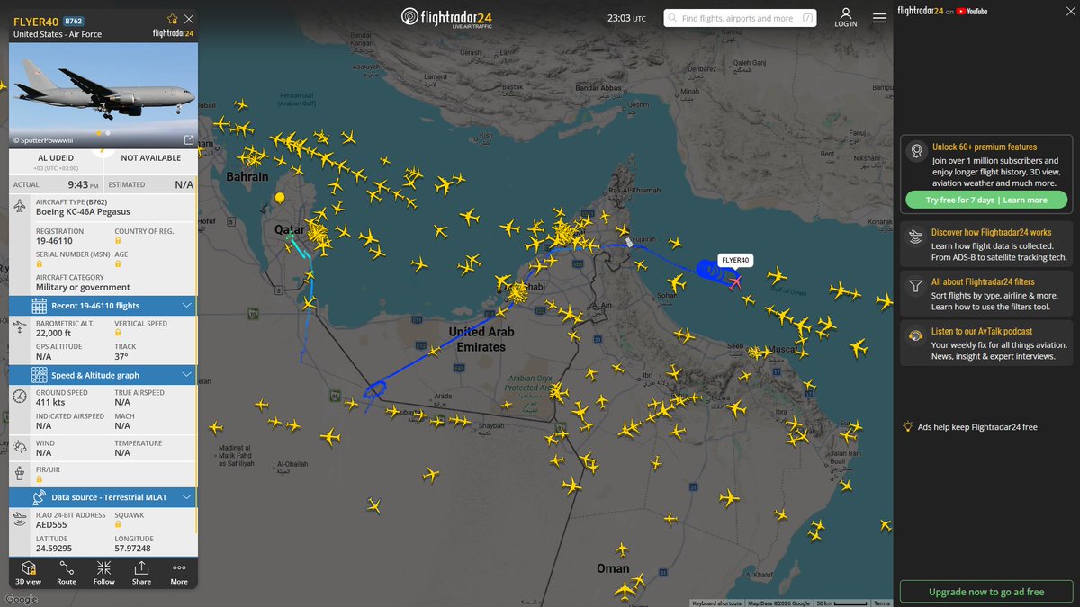 AIYeyENGDdJkjTr's tweet photo. July 13, 2026
#Gulf of Oman
KC-46A X 1
KC-135R X 4
#Al-Udeid Air Base ==> #Gulf of Oman
#FLYER40 #AED555 USAF KC-46A Pegasus
#NoCALLSIGN #AE049A USAF KC-135R Stratotanker
#Prince Sultan Air Base ==> #Gulf of Oman
#NoCALLSIGN #AE0140 USAF KC-135R Stratotanker
#NoCALLSIGN #AE0359 USAF KC-135R Stratotanker
#NoCALLSIGN #AE0532 USAF KC-135R Stratotanker
#Ben Gurion ==> #Gulf of Oman
#NoCALLSIGN #AE0163 USAF KC-135R Stratotanker
#Ben Gurion ==>
#NoCALLSIGN #AE04CD USAF KC-135R Stratotanker
#Al-Udeid Air Base ==> #Persian Gulf
#FLYER41 #AE5FA6 USAF KC-46A Pegasus
#FLYER42 #AE63C7 USAF KC-46A Pegasus