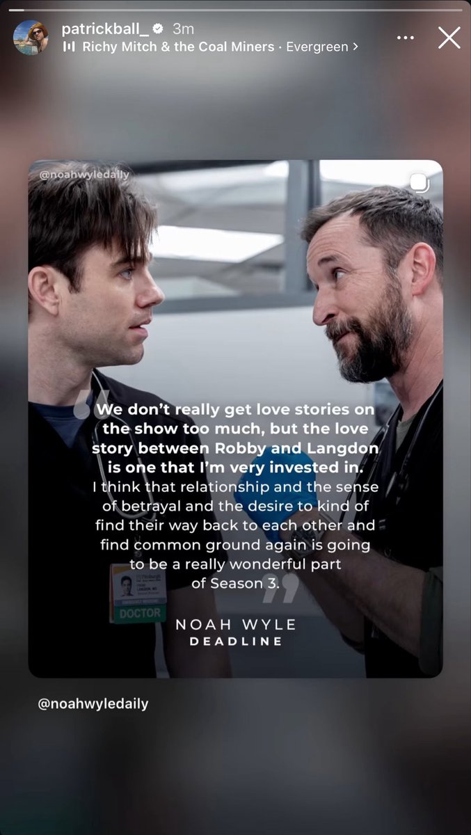 PatCrave's tweet photo. Patrick shares a post from @/noahwyledaily about Dr. Robby and Dr. Langdon’s relationship to his Instagram
story. https://t.co/kPkNmUD3r4
