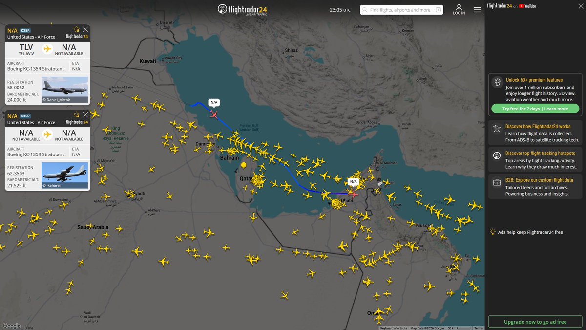 AIYeyENGDdJkjTr's tweet photo. July 13, 2026
#Gulf of Oman
KC-46A X 1
KC-135R X 4
#Al-Udeid Air Base ==> #Gulf of Oman
#FLYER40 #AED555 USAF KC-46A Pegasus
#NoCALLSIGN #AE049A USAF KC-135R Stratotanker
#Prince Sultan Air Base ==> #Gulf of Oman
#NoCALLSIGN #AE0140 USAF KC-135R Stratotanker
#NoCALLSIGN #AE0359 USAF KC-135R Stratotanker
#NoCALLSIGN #AE0532 USAF KC-135R Stratotanker
#Ben Gurion ==> #Gulf of Oman
#NoCALLSIGN #AE0163 USAF KC-135R Stratotanker
#Ben Gurion ==>
#NoCALLSIGN #AE04CD USAF KC-135R Stratotanker
#Al-Udeid Air Base ==> #Persian Gulf
#FLYER41 #AE5FA6 USAF KC-46A Pegasus
#FLYER42 #AE63C7 USAF KC-46A Pegasus