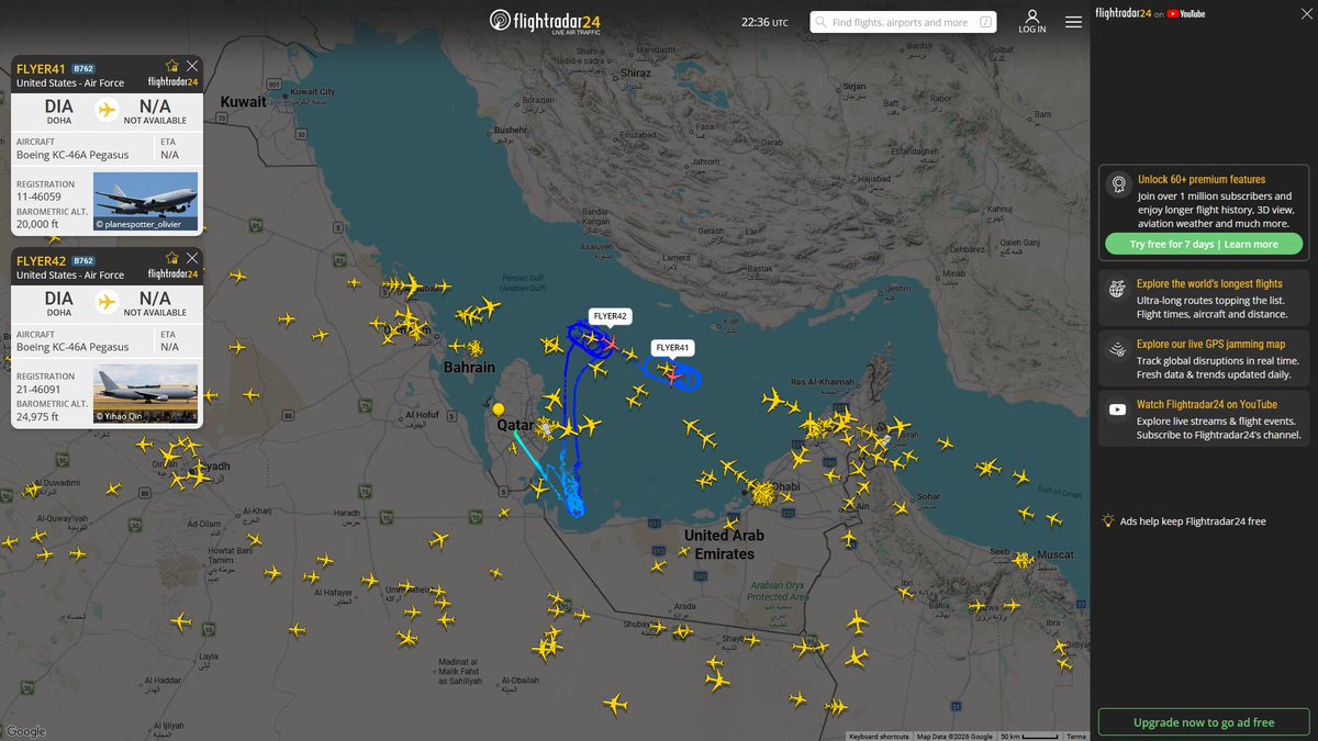 AIYeyENGDdJkjTr's tweet photo. July 13, 2026
#Gulf of Oman
KC-46A X 1
KC-135R X 4
#Al-Udeid Air Base ==> #Gulf of Oman
#FLYER40 #AED555 USAF KC-46A Pegasus
#NoCALLSIGN #AE049A USAF KC-135R Stratotanker
#Prince Sultan Air Base ==> #Gulf of Oman
#NoCALLSIGN #AE0140 USAF KC-135R Stratotanker
#NoCALLSIGN #AE0359 USAF KC-135R Stratotanker
#NoCALLSIGN #AE0532 USAF KC-135R Stratotanker
#Ben Gurion ==> #Gulf of Oman
#NoCALLSIGN #AE0163 USAF KC-135R Stratotanker
#Ben Gurion ==>
#NoCALLSIGN #AE04CD USAF KC-135R Stratotanker
#Al-Udeid Air Base ==> #Persian Gulf
#FLYER41 #AE5FA6 USAF KC-46A Pegasus
#FLYER42 #AE63C7 USAF KC-46A Pegasus