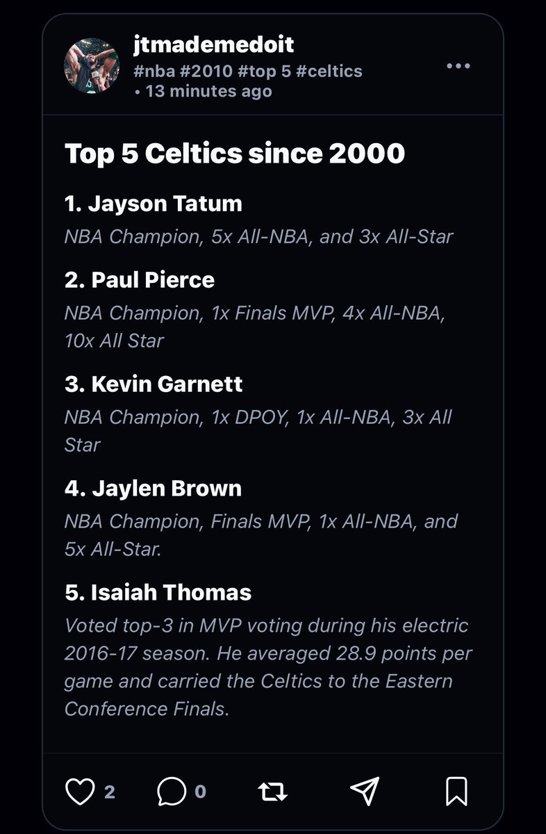 JTMadeMeDoIt's tweet photo. Top 5 Celtics since 2000

Make your own list on @RankOnListd ! https://t.co/nnr6aCsd46