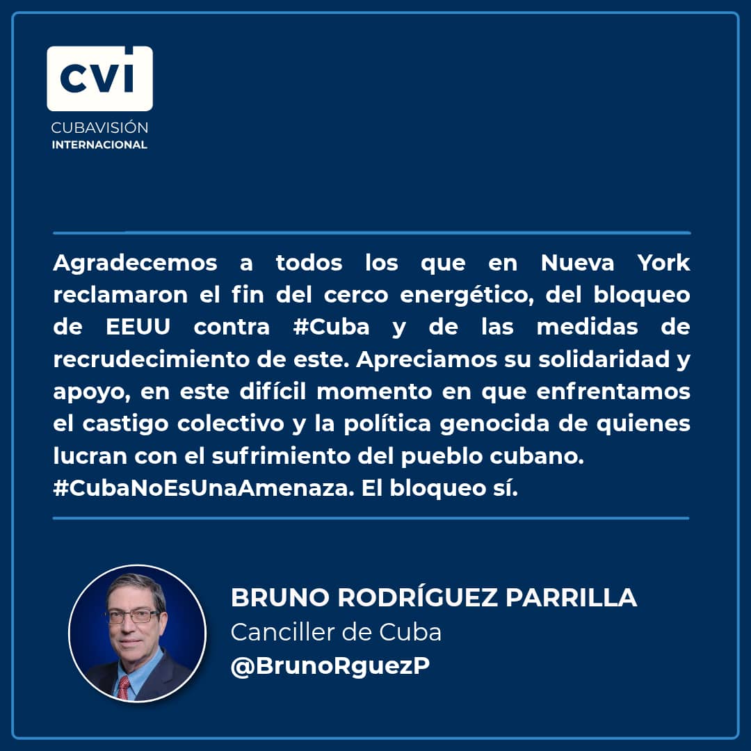 FarmaOpticaLTU's tweet photo. 🇨🇺 El ministro de Relaciones Exteriores de #Cuba, Bruno Rodríguez Parrilla agradeció este 12 de julio a todos los que en Nueva York reclamaron el fin del cerco energético, del bloqueo de Estados Unidos contra Cuba y de las medidas de recrudecimiento de este. https://t.co/mesPjUS4RA