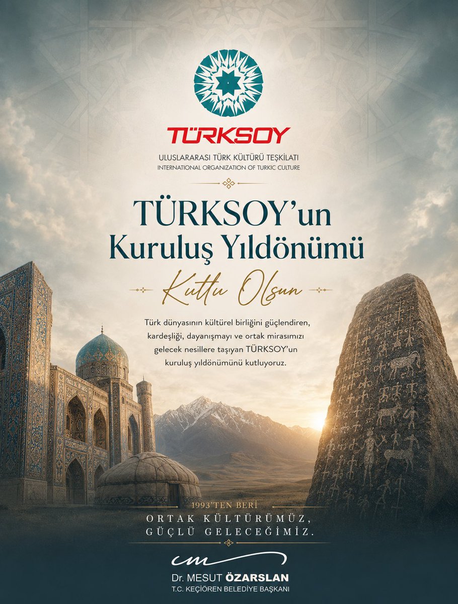 OzarslanMesut's tweet photo. 12 Temmuz 1993’te temelleri atılan TÜRKSOY, kardeş coğrafyalar arasındaki gönül bağlarını güçlendirmeye devam ediyor.

Kadim Türk kültürünün ve Türk dünyasının temsilcisi @turksoyorg’un kuruluş yıl dönümünü en içten dileklerimle kutluyor; birlik, beraberlik ve kültürel ortaklığımızın ebedi olmasını diliyorum.