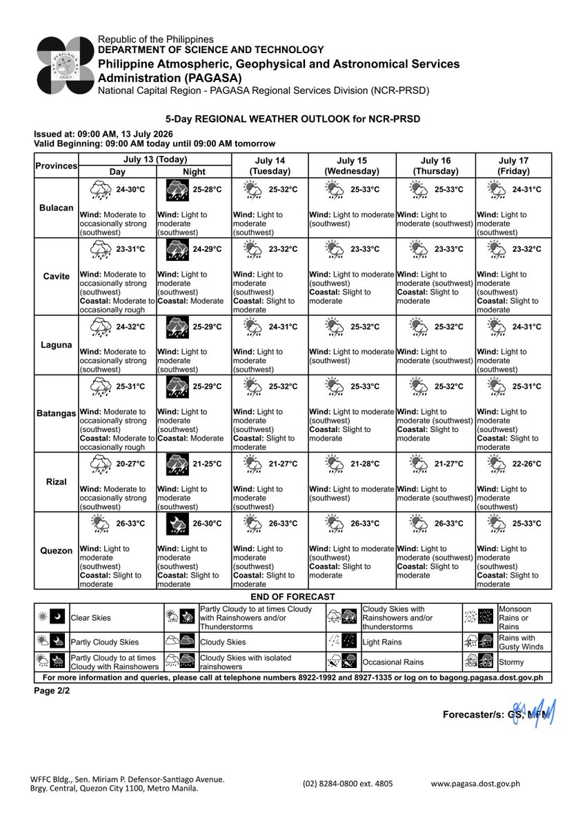 dost_pagasa's tweet photo. 5-DAY REGIONAL WEATHER OUTLOOK for #NCR_PRSD
Issued at: 9:00 AM, 13 July 2026
Valid Beginning: 9:00 AM today - 9:00 AM tomorrow

https://t.co/FgzeJ2NtSQ

***Help us improve our service by answering this quick survey.

Kindly follow this link: https://t.co/GG5gDsTW29 https://t.co/dJkQphqPsr