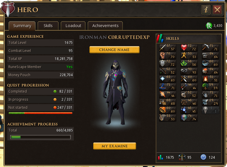 CorruptedExp's tweet photo. Well, I feel it was time for an update after 21 days of streaming the Ironman Progress. I took a serious look at my skills and told myself, "You can do better!" and I feel I did! Excited to see the progress after 1 month! #Runescape #Ironman https://t.co/RzzhZcyJQ1