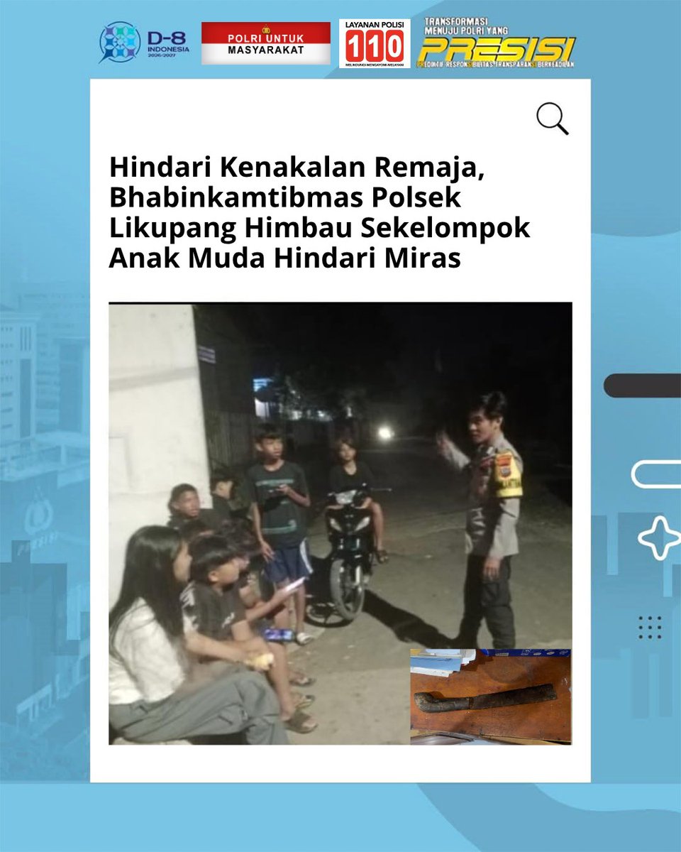 Pid_humasminut's tweet photo. Hindari Kenakalan Remaja, Bhabinkamtibmas Polsek Likupang Himbau Sekelompok Anak Muda Hindari Miras

#PolriPresisi #polresminutHEBAT #polriuntukmasyarakat #callcenter110 #responaduancepat https://t.co/o4IQQPaZrB