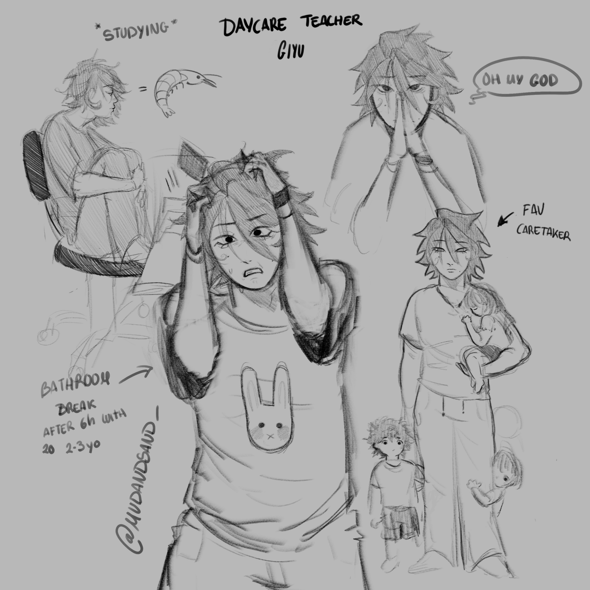 Mudandsand_'s tweet photo. Some sketches of my modern sabigiyuu au, just some drawings of giyuu's work https://t.co/AcMUtg1hEX
