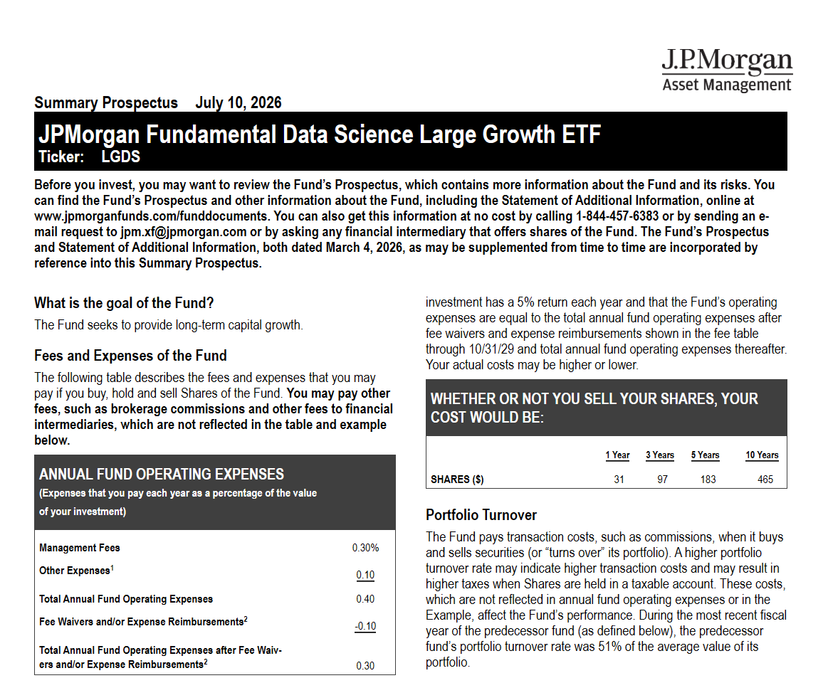 ETFhearsay's tweet photo. JPMorgan listing ETF tomorrow July 13

JPMorgan Fundamental Data Science Large Growth ETF
Ticker: $LGDS
Fees: 0.30% after 0.10% waiver

Lead Market Maker: RBC Capital Markets, LLC
Exchange: The Nasdaq Stock Market

Prospectus:
https://t.co/p0Lh12Wn6R

@Nasdaq @JPMorganAM https://t.co/BmaanOFtH7