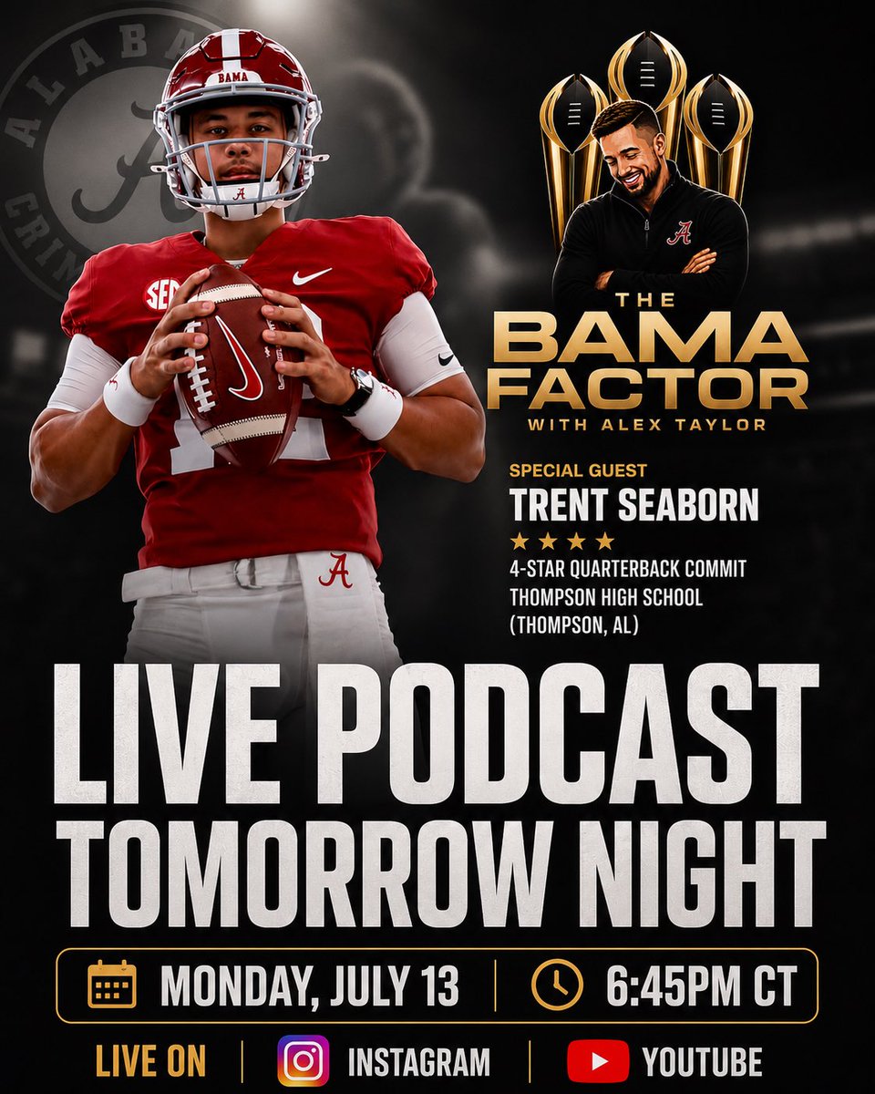 the_bama_factor's tweet photo. 🚨 LIVE TOMORROW NIGHT 🚨

⭐⭐⭐⭐ Alabama QB commit Trent Seaborn joins The Bama Factor for an exclusive interview.

🏈 Why Alabama?
🐘 Recruiting updates
🎯 His future with the Tide
👀 Fan Q&amp;A and more.

📅 Monday, July 13
🕡 6:45 PM CT https://t.co/trrsQ4b4V9