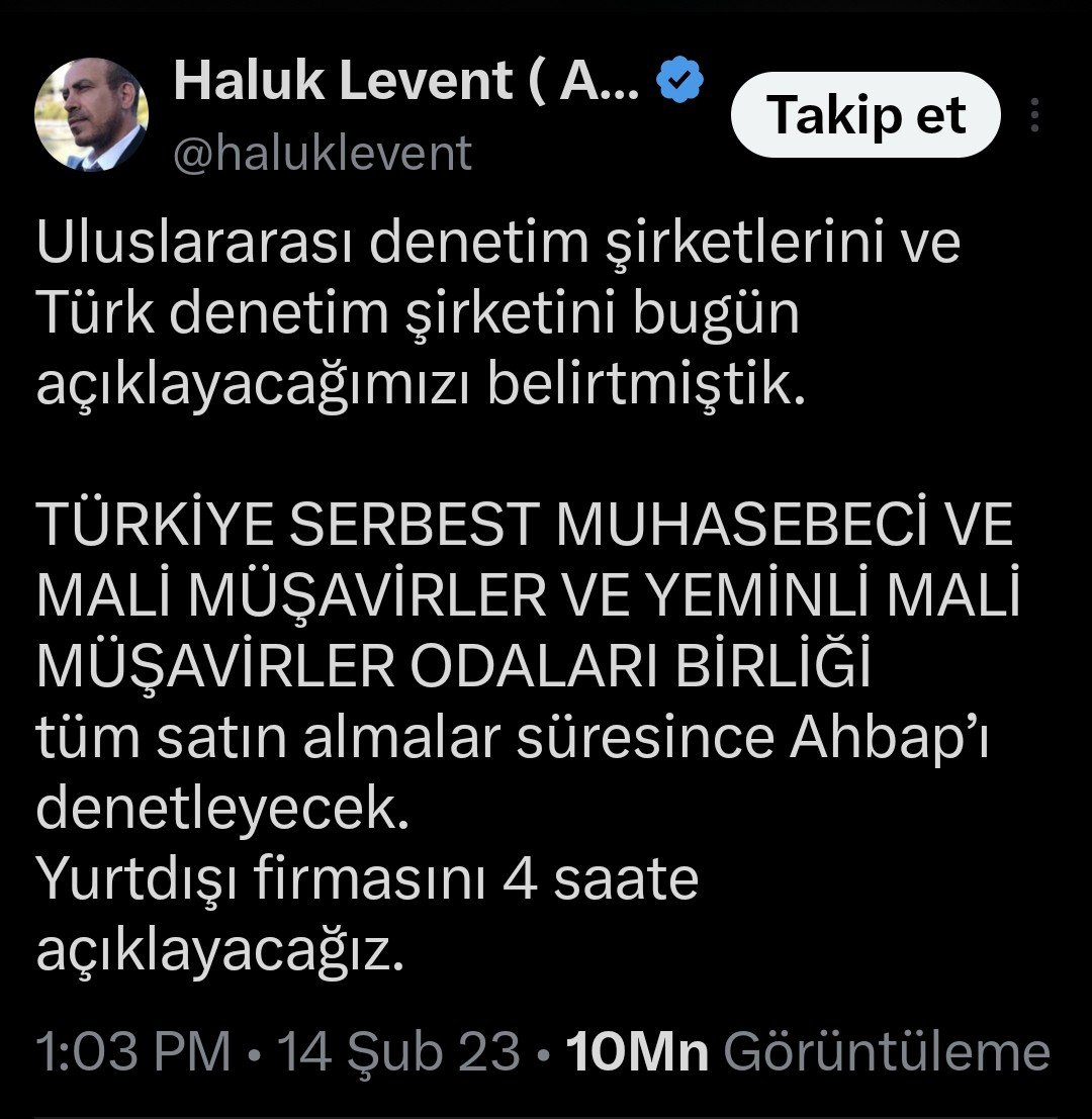 NekadarolduTR's tweet photo. Al gülüm, ver gülüm örgütü; AHBAP çavuş ilişkisi kurmuş!

Özgür Özel'in iptal edilen genel başkanlık döneminde Parti Meclisi'ne aldığı 
TÜRMOB eski Genel Başkanı Emre Kartaloğlu, 
Haluk Levent'in talebi üzerine kurduğu ekiple AHBAP'a denetim yapmış, 
denetim sonucunu bir video ile açıklayıp 
"Sorun yok, her şey yolunda" demişti.

MASAK raporlarına göre ise şüphelilerin mali profilleriyle uyumsuz yüksek tutarlı para hareketlerinin bulunduğu, 
kendi aralarında yüksek miktarlarda para transferleri gerçekleştirdikleri belirlendi.

Ayrıca şüphelilerin şans oyunları hesaplarına yüksek meblağlarda para aktararak bahis oynadıkları 
ve bu yolla yüksek miktarlarda para kaybettikleri, 
kısa süre içerisinde ise aralarında zincirleme şekilde çok sayıda tapu devir işlemi gerçekleştirdikleri tespit edildi.