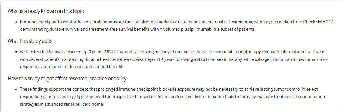 DrChoueiri's tweet photo. We just published long-term f/u from OMNIVORE study in @jitcancer @sitcancer with @DrRanaMcKay, @MikeSerzanMD @BradMcG04 @BraunMDPhD @ZakhariaYousef @xiaoweimd, et al:

1) 50% of patients with #RCC can stay off-therapy with durable remissions after PD-1 inh. nivolumab induction
2) Adding CTLA-4 after PD-1 induction is a strategy that should be avoided if possible