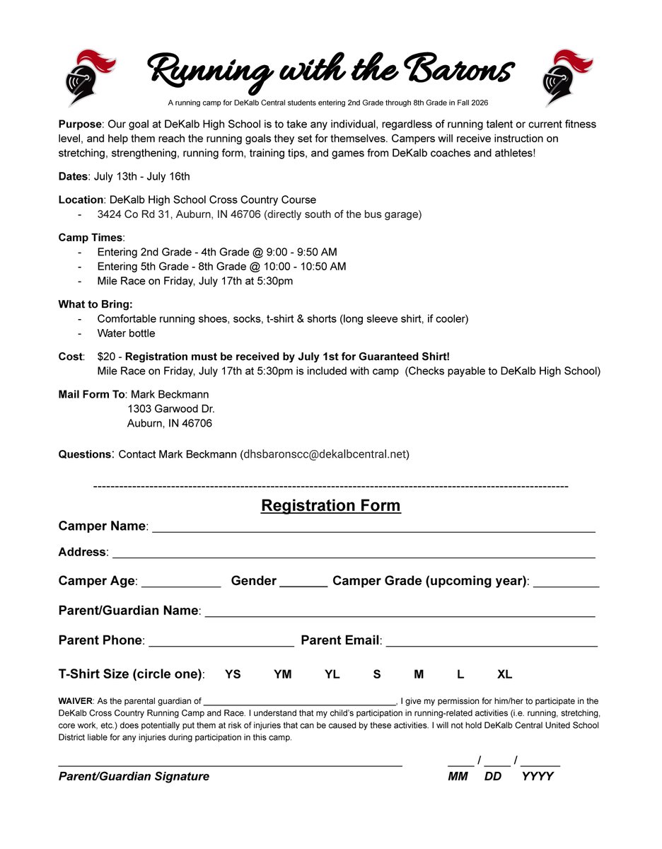 DeKalbDCCUSD's tweet photo. 🏃‍♂️ Join the Barons this summer! Registration is open for Running with the Barons Camp (July 13–16) for students entering grades 2–8 and the DeKalb Summer Cross Country Race (July 17) for all ages. See attached flyers for details and registration information! 🏃‍♀️ https://t.co/8QJpnmZrnM