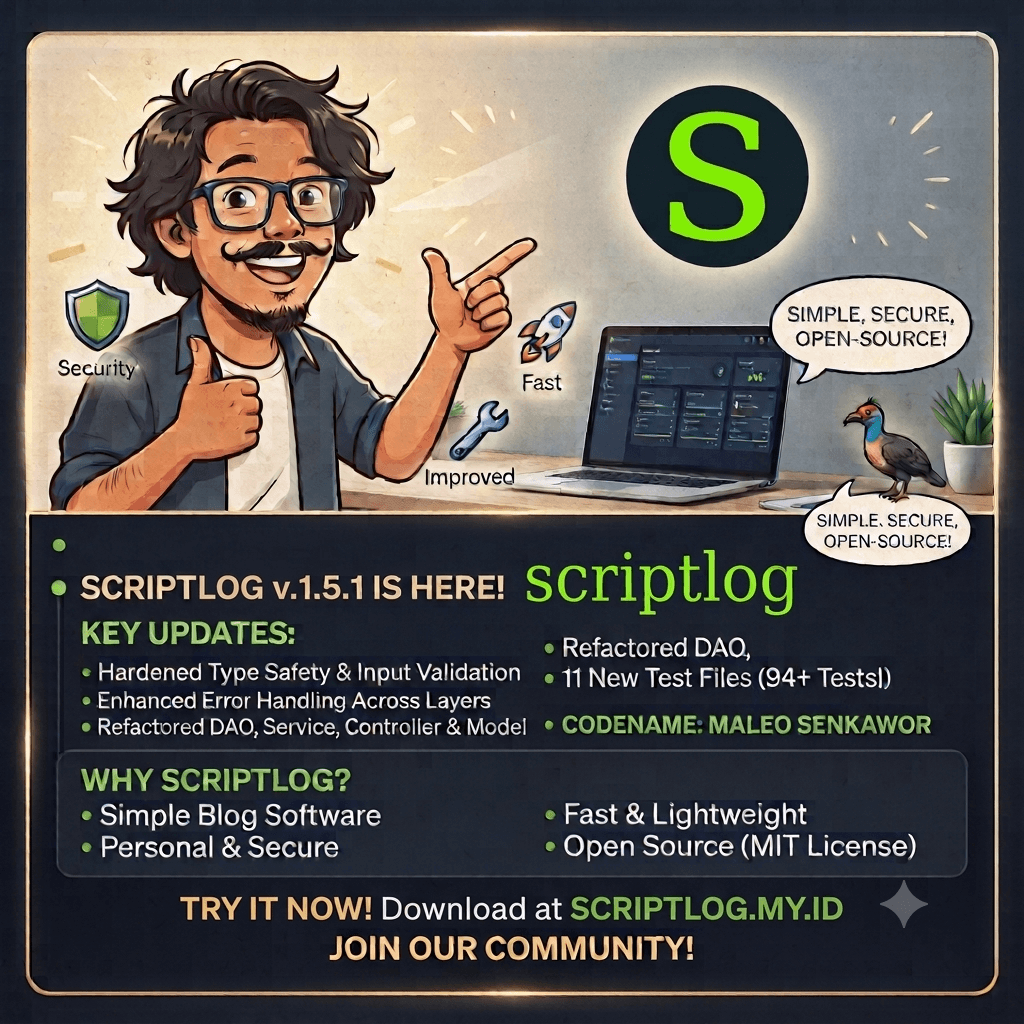 getscriptlog's tweet photo. 🚀 Blogging software doesn't have to be complicated.

I built ScriptLog, a lightweight, secure, open-source blogging platform powered by PHP.

v1.5.1 brings:
🛡 Better security
⚡ Cleaner architecture
✅ Stronger validat
Try it today 👇
🌐 https://t.co/dIjHAHZD2k
#PHP #OpenSource https://t.co/dWHGJVrYZt