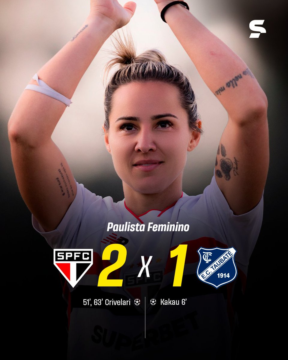 sportv's tweet photo. VITÓRIA DO SÃO PAULO!!!!! 🇾🇪

Com 2 gols de Crivelari, as meninas São Paulo vencem o Taubaté de virada e encerra a segunda rodada com vitória e os 3 pontos!!!

*Contém texto alternativo

#PaulistaoFemininoNoSportv #SaoPaulo #Taubate #FutebolFeminino https://t.co/79tzgmtwen